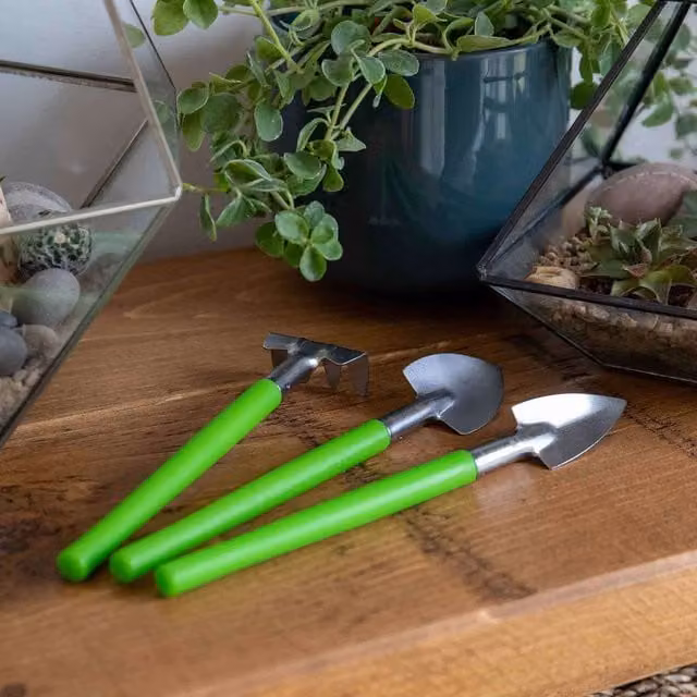 Burgon & Ball Houseplant and Terrarium Tool Set in Antique Bronze and Green with Stainless Steel