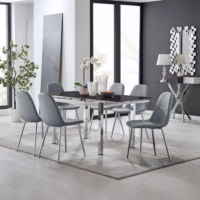 Furniturebox Enna Black Glass Extending Rectangular Dining Table and 6 Corona Silver Leg Chairs in Grey