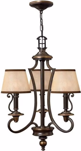 Elstead Plymouth 3 Light Multi Arm Ceiling Chandelier in Bronze with Beige Fabric Shades and E14 Base