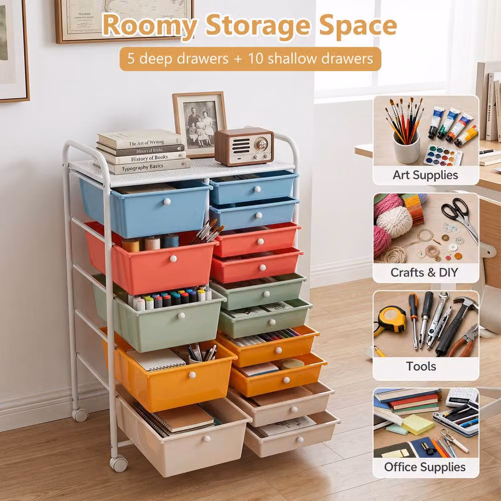 Gymax 15 Drawer Rolling Storage Cart in Multicolour Metal – 5