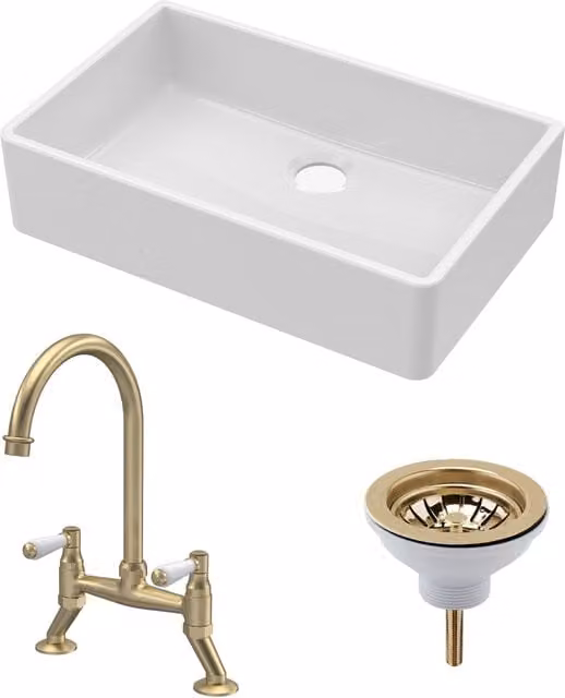 Balterley White Ceramic Butler Sink with Brushed Brass Bridge Lever Mixer Tap and Waste, W: 795 mm