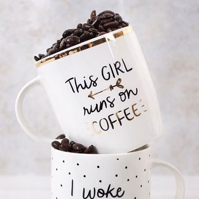 Gloriously Good This Girl Runs on Coffee Ceramic Mug in White, Gold and Brown