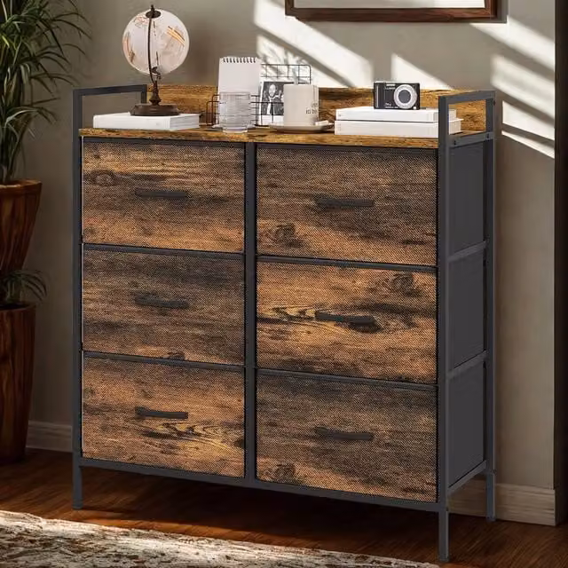 FURNOS Industrial 6 Drawer Chest Storage Unit with Shelf, Brown