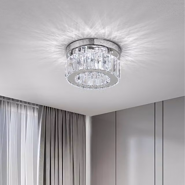 Komore Round Crystal Ring Ceiling Light with Stainless Steel Base in Silver