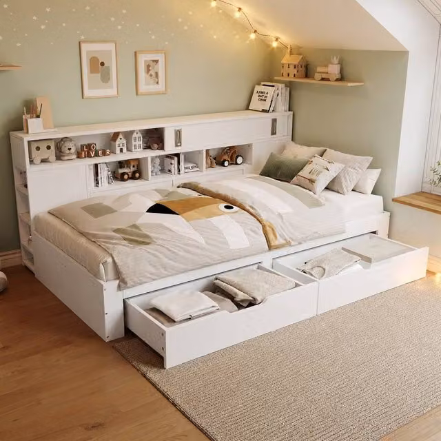 Merax White Double Storage Bed with Drawers and Bedside Shelf, W/D/H: 135 x 190 x 200 cm