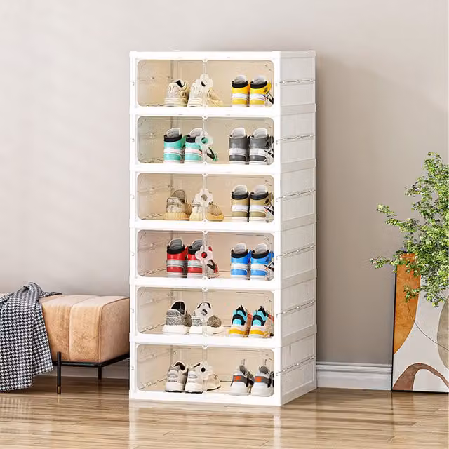 Livingandhome 6-Tier Foldable Shoe Rack with Glass Doors, White, W/D/H: 110 x 1 x 110 cm