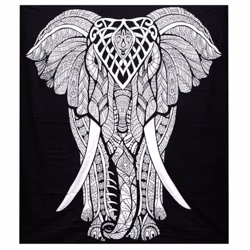 Beespoke Gifts B&W Double Cotton Bedspread and Wall Hanging Set with Elephant Animal Print in Black and White, W: 230 cm, D: 200 cm, H: 230 cm