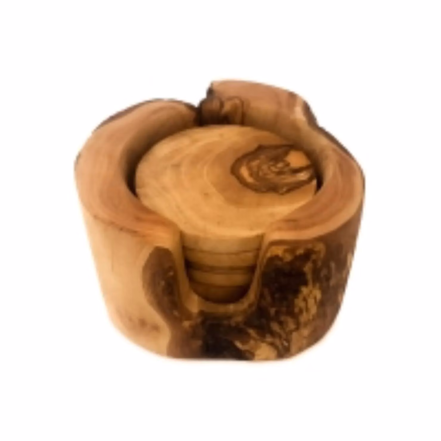 Verano Spanish Ceramics Handmade Olive Wood Round Coasters with Holder, 6 Pieces, Brown and Beige, Diameter: 8 cm – 2