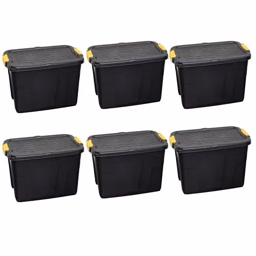 Samuel ALEXANDER Set of 6 Heavy Duty 60L Lockable and Stackable Plastic Storage Tubs with Lids and Handles, Black and Yellow