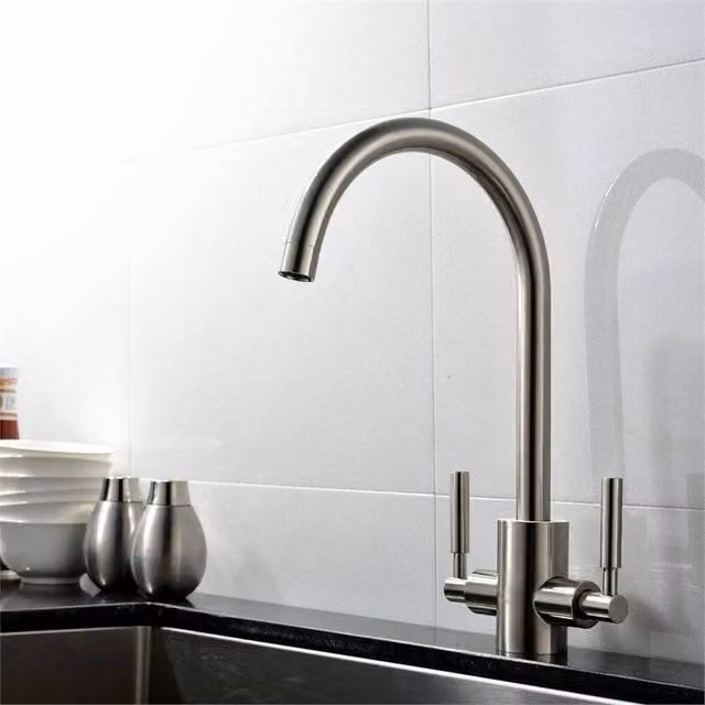 Nordara Modern Kitchen Mixer Tap with Twin Lever and Brushed Swivel Spout in Silver