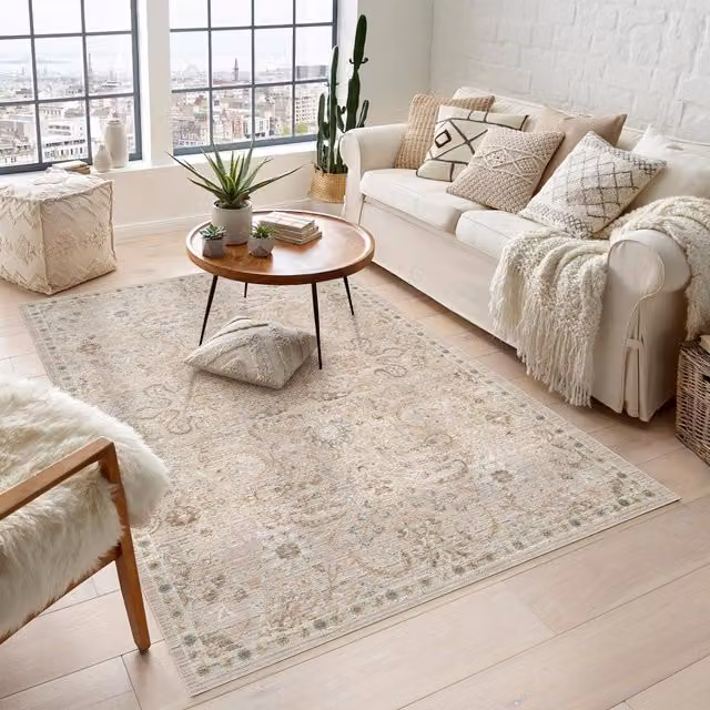 Desire Rugs Maia Traditional Floral Oriental Area Rug, Washable and Non-Slip, Beige and Yellow, Width: 180 cm