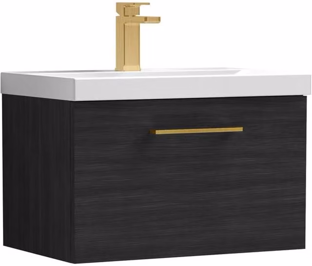 Balterley 600mm Wall Hung 1 Drawer Vanity Unit in Woodgrain Black with Black Brass Handle