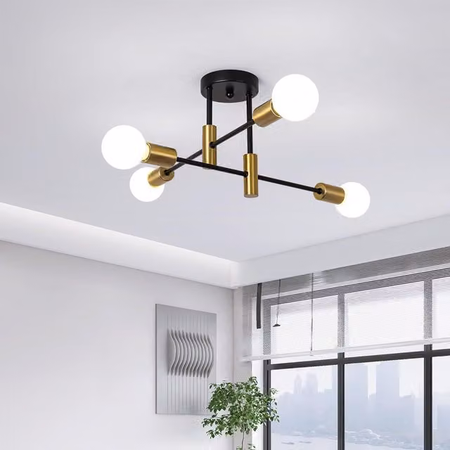 Garwarm 4-Light Mid Century Semi Flush Mount Ceiling Light in Black or Gold/Brass