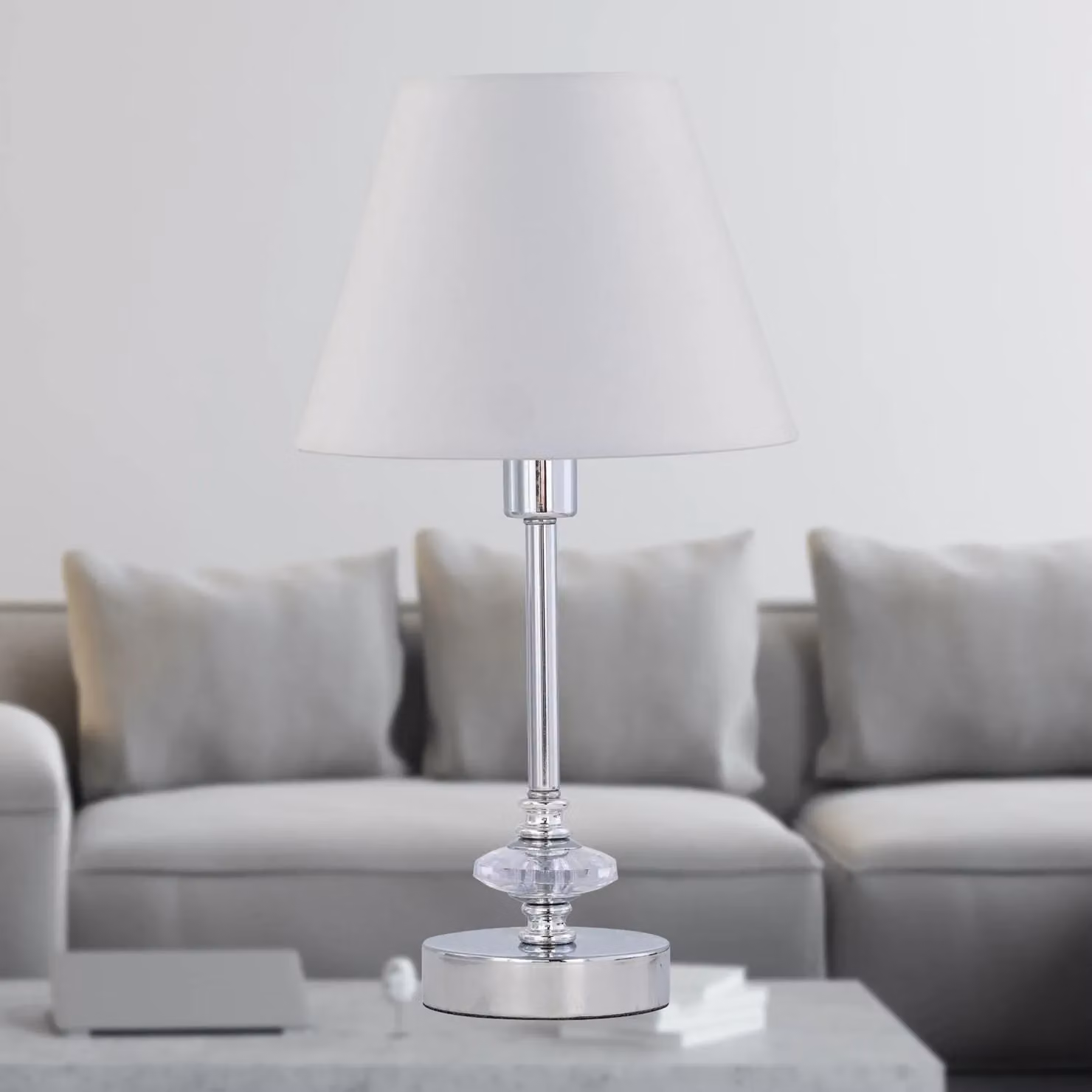 First Choice Lighting Chrome Jewelled Table Lamp with White Fabric Cone Shade in Silver – 2