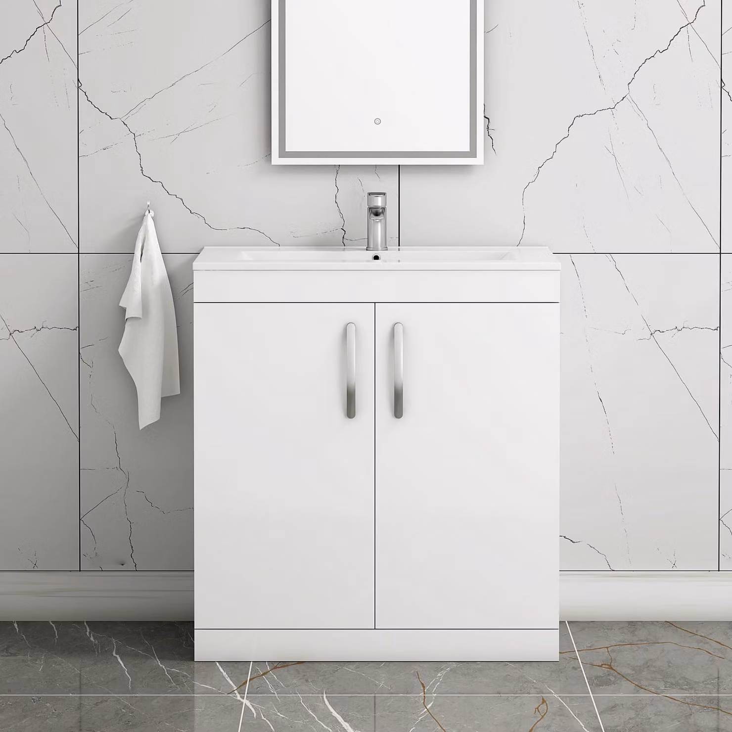 Royal Bathrooms Turin 2 Door Floor Standing Bathroom Vanity Unit in White Glossy MDF with Soft Close Hinged Doors
