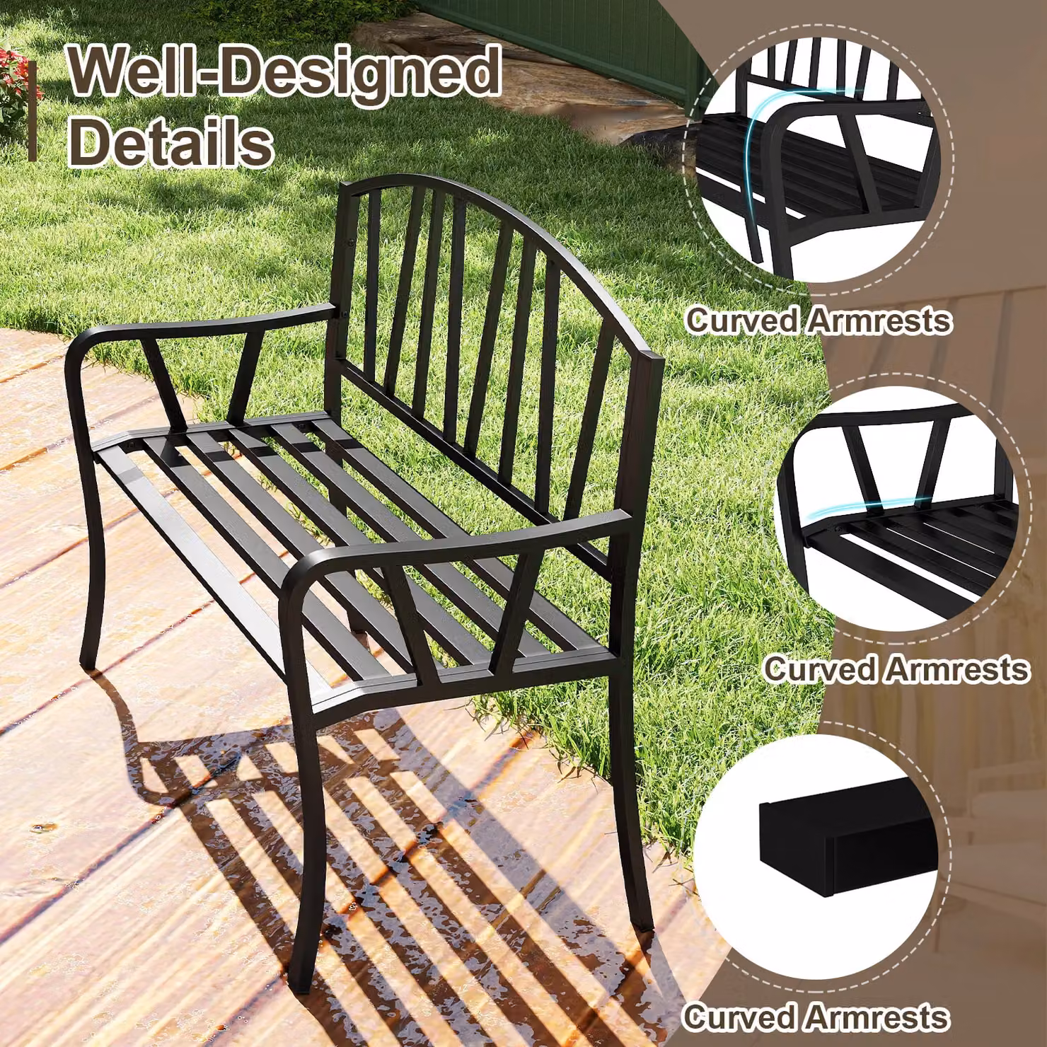 Costway Metal Garden Bench in Black for 2-3 People, Width: 129 cm – 9