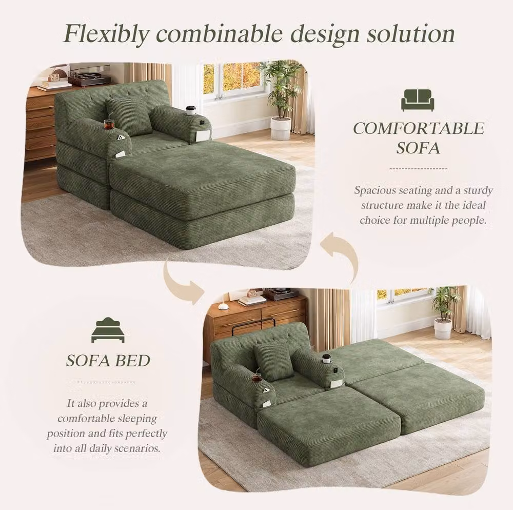 STILVORA Modern Green Sleeper Chair Sofa with Storage Pockets and Cup Holders – 4
