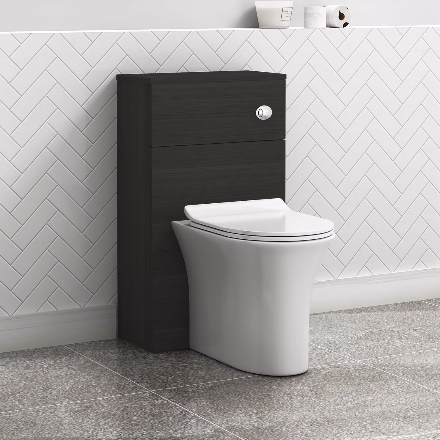 Royal Bathrooms Charcoal Oak 500mm Wall Mounted WC Toilet Unit with White Breeze Rimless Ceramic Pan, Soft Close Seat and Cistern