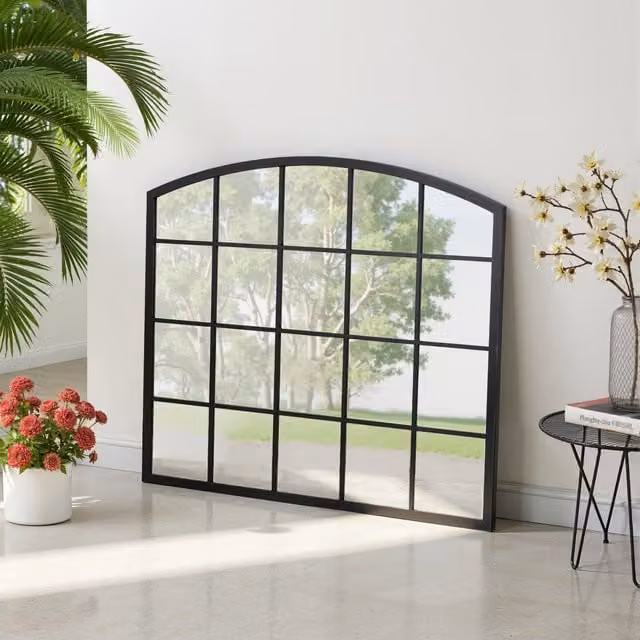 Komore Black Industrial Geometric Grid Design Arch Wall Mirror with Metal Frame