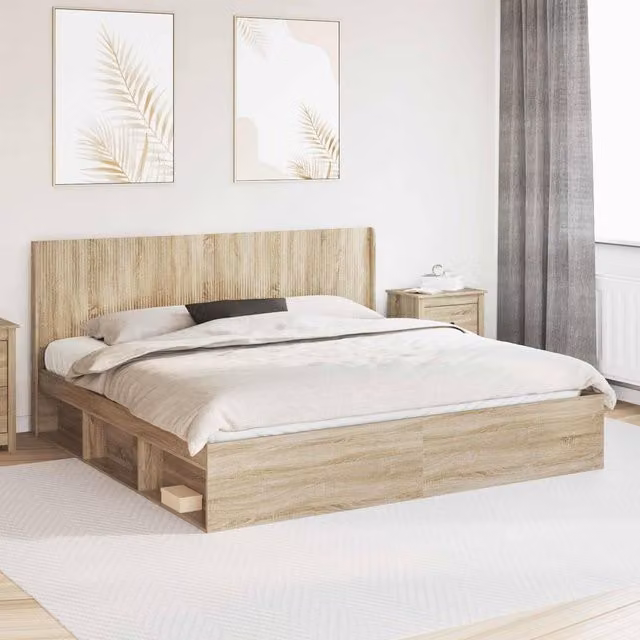 Berkfield Home Modern Bed Frame with Headboard and Side Compartment Storage in Sonoma Oak Brown, W/D/H: 200 x 200 cm – 1