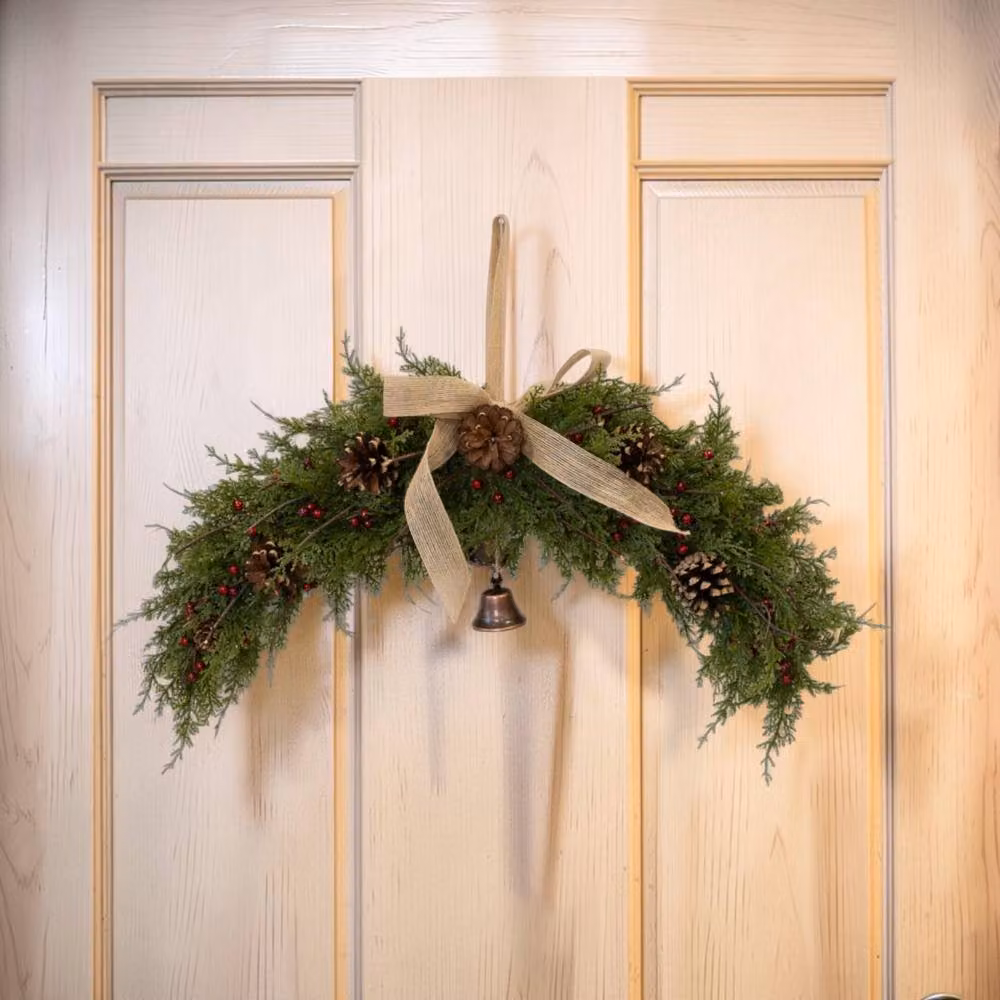 Four Candle Green Christmas Tabletop Arc Wreath with Branches, Berries, Pine, Pinecones, Bells and Bow – 2