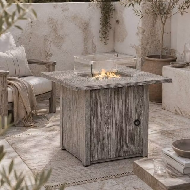 Wyld Haus Steel Grey Square Outdoor Gas Fire Pit Table with Glass Screen Cover W/D/H: 71 x 63 x 71 cm