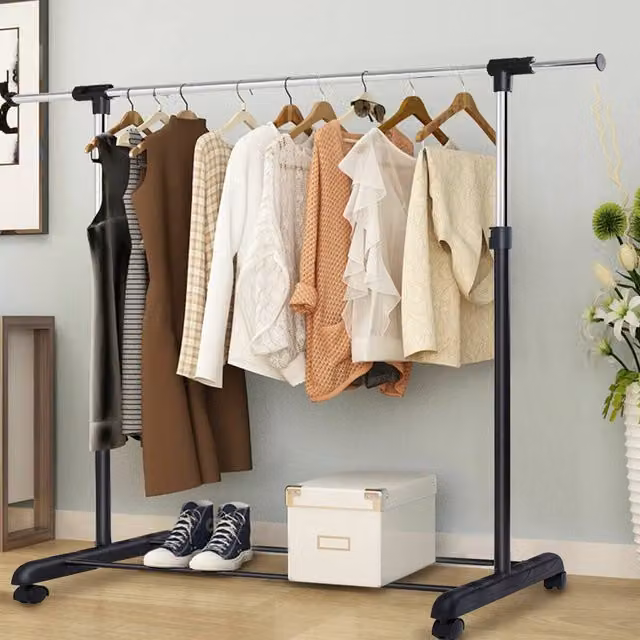 CASART Height-Adjustable Rolling Clothes Rack with Pull-out Rail in Matt Black Metal