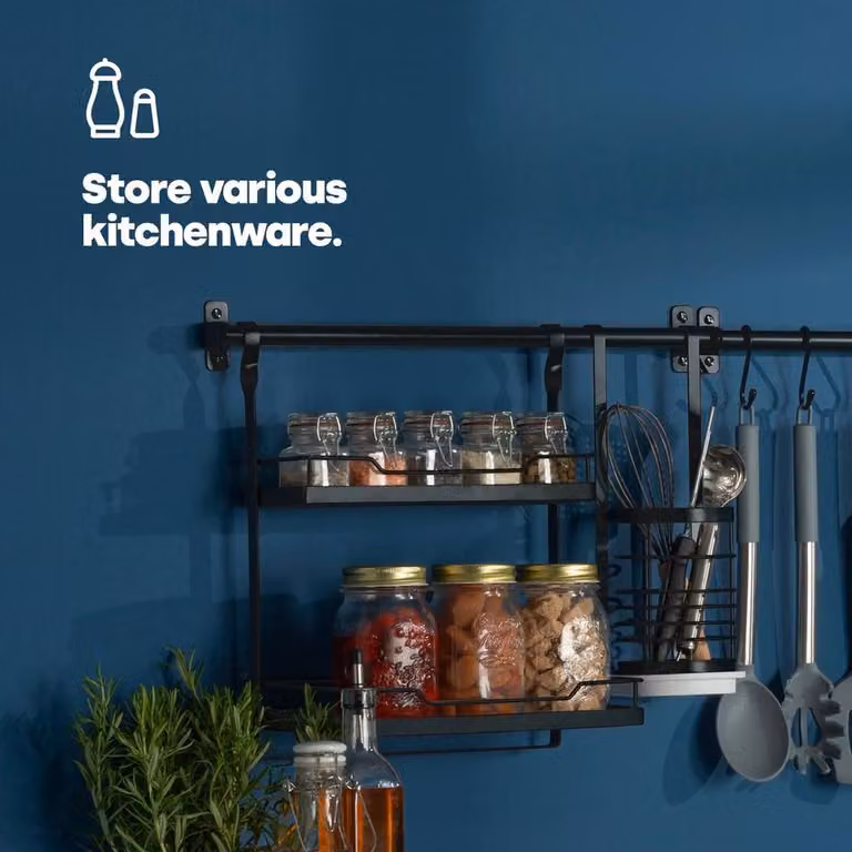 Hinsinc Black Kitchen Hanging Rack Fold Away Storage Shelf Rail