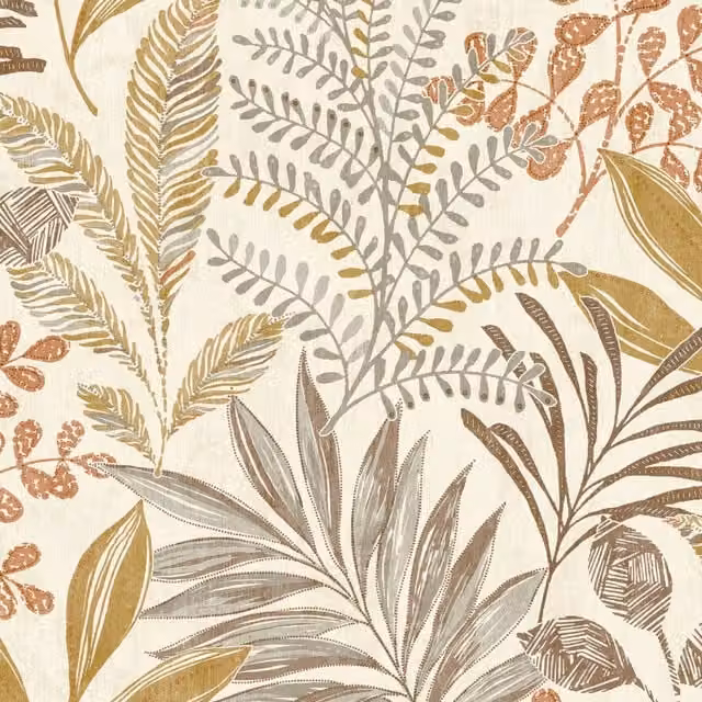 Grandeco Kara Tropical Jungle Foliage Leaves Textured Vinyl Wallpaper in Multicolour Beige