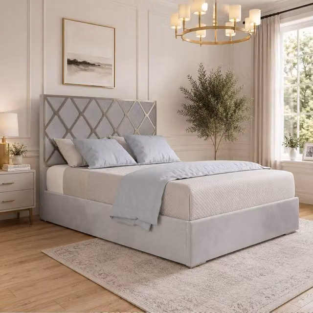 Casani Sturry Super King Upholstered Velvet Bed Frame in Grey with Metal Details, 200 x 200 cm