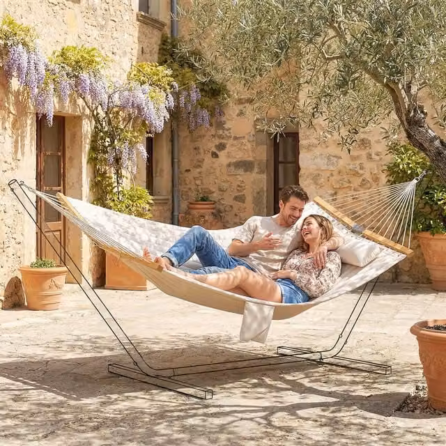 Outsunny Double Hammock 2-Person Padded Swing Bed with Stand in Beige and White