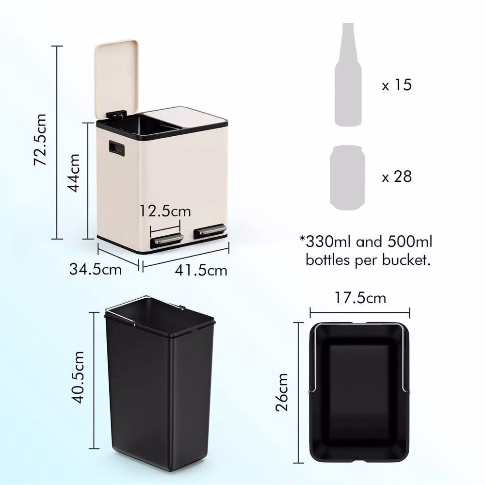 NESTLUNE Beige 30L Double Compartment Pedal Recycling Kitchen Bin, W: 44.0 cm, D: 34.5 cm, H: 41.5 cm – 2