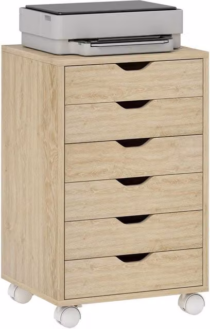 KORVIXA 6 Drawer Vertical File Cabinet with Lock and Castors in Light Oak, W/D/H: 100 x 100 x 100 cm
