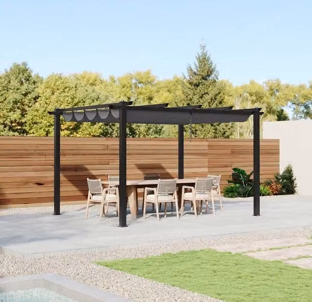 Livingandhome Modern Aluminium Pergola with Retractable Roof, Light Grey, W: 396.24 cm, D: 304.8 cm, H: 304.8 cm