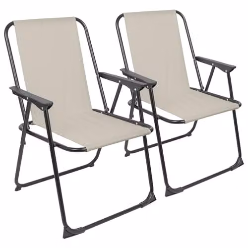 Harbour Housewares Pack of 2 Folding Metal Beach Chairs with Armrests in Beige and Matt Black – 1
