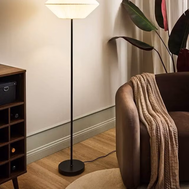 Wyld and Coco Minimalist Floor Lamp with White Fabric Pleated Shade and Black Metal Base, Height: 150 cm