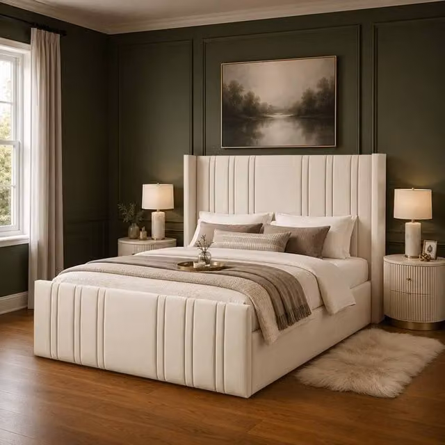 Desire Deco Gerald Wingback Ottoman Storage Bed Frame in Beige Plush Velvet, Double Size (140 x 200 cm)