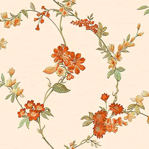 FT221211 Flower Trail Cream and Orange Floral Botanical Non-Woven Vinyl Wallpaper, Roll Size: 10 m x 0.53 m