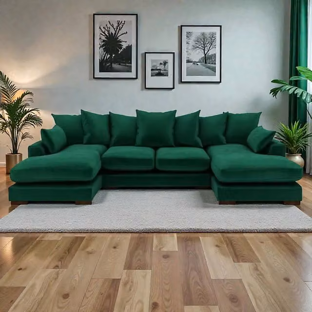 Snug Furniture Birmingham Ltd Linea Reversible U-Shape Double Ended Plush Velvet Sofa with Matching Ottoman and Scatter Cushions in Green – 1