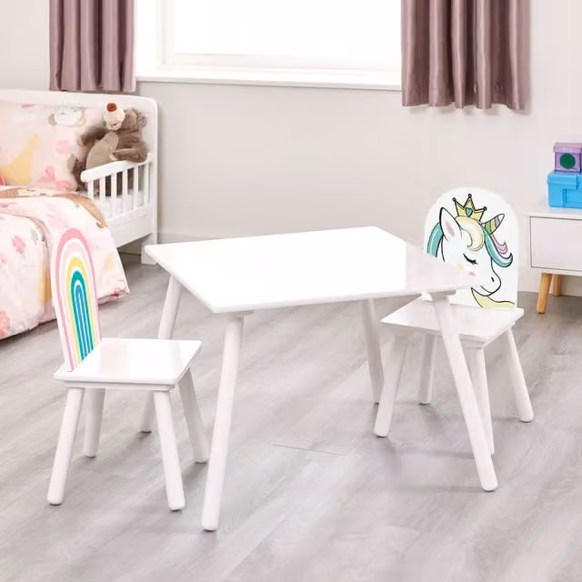 Liberty House Toys White Glossy Wooden Kids Unicorn Table and Chairs Set