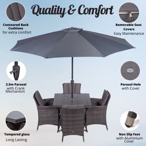 Giardino Savannah 4 Seater Rattan Garden Dining Set with Table, Chairs, Parasol and Cover in Grey and Brown with Aluminium Frame, W/D/H: 90 x 90 x 74 cm – 2