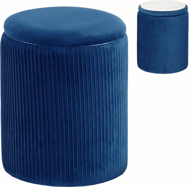 HOMCOM Modern Velvet Round Storage Ottoman Foot Stool in Blue, Diameter: 45 cm – 1