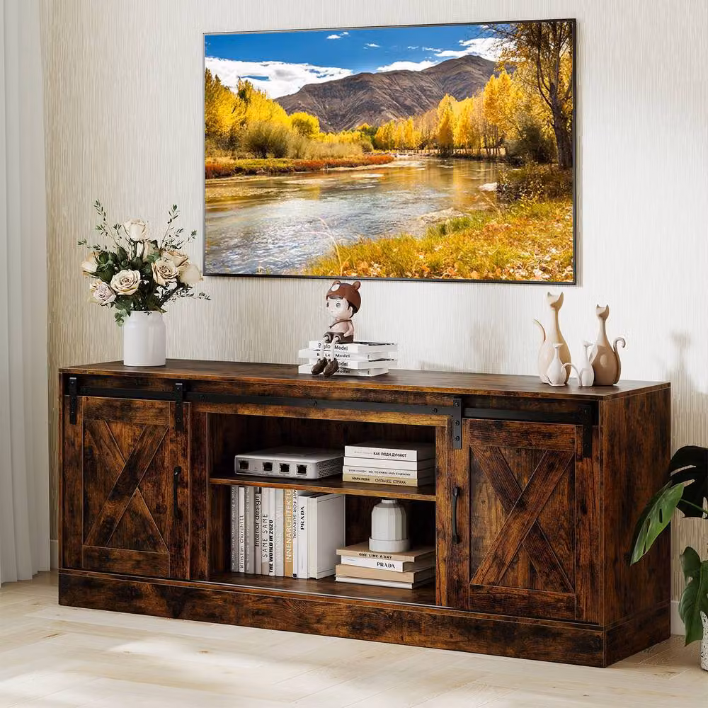 Costway Rustic Brown Wooden TV Stand Media Entertainment Cabinet for up to 70 Inch TVs – 7