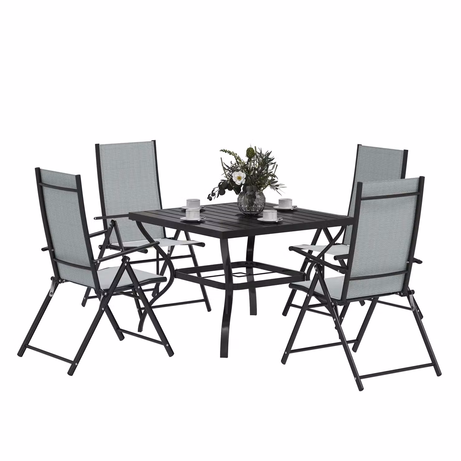 OUTSUNNY 5 Piece Grey Garden Dining Set with Folding Chairs and Metal Top Table – 2