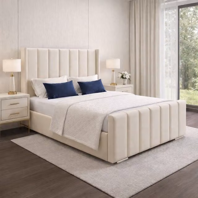 Desire Deco Plush Velvet Wingback Upholstered Panel Bed Frame in Yellow and Beige, W/D/H: 120 x 200 cm