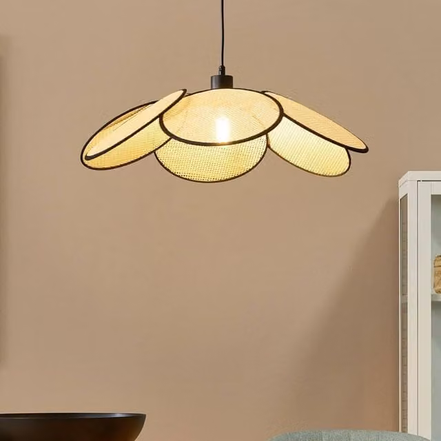 Wyld and Coco Natural Paper Rattan-Effect Pendant Lamp with Black Metal Frame and Height Adjustment