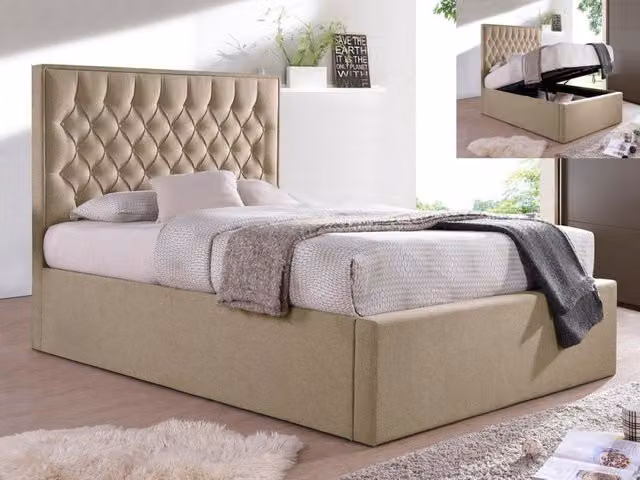 Bedmaster Wilson Upholstered Ottoman Bed Frame in Beige Fabric, 140 x 200 cm
