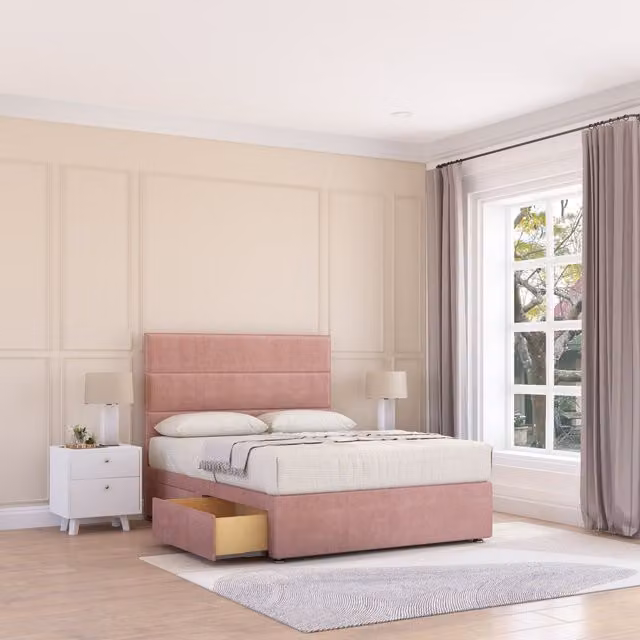 Sloomy Texas Pink Fabric Upholstered Divan Bed Base with 4 Drawers and Floor Standing Headboard, W/D/H: 180 x 200 cm