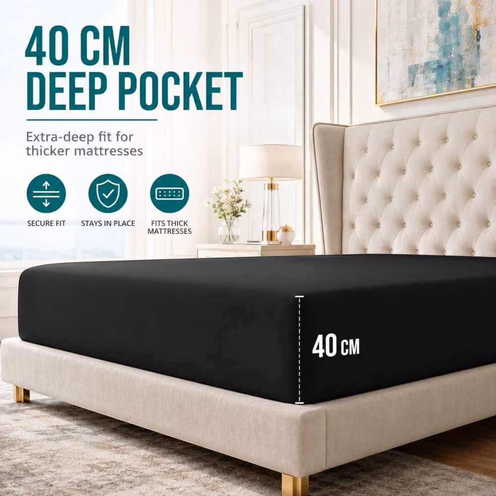Pamposh Black Microfibre Plain Fitted Sheet, Super King, W/D: 200 x 200 cm, Pocket Depth: 40 cm – 2