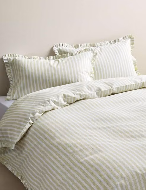 M&S Pure Cotton Narrow Stripe Ruffle Bedding Set, Green Mix, W: 180 cm x L: 200 cm